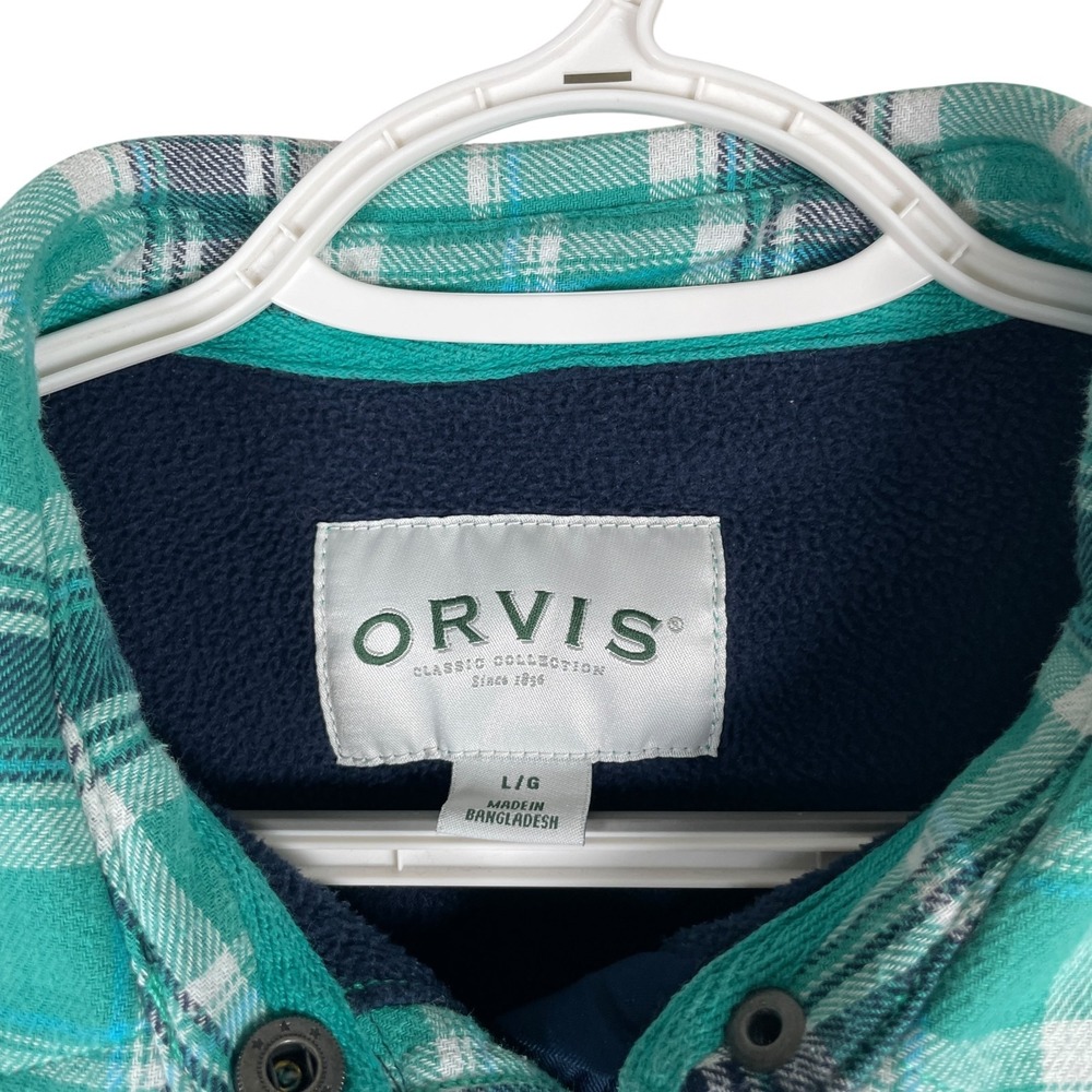 Orvis Fleece‎ Lined Shacket Shirt Jacket Womens L Green Blue Plaid Snaps Pockets - Picture 5 of 7